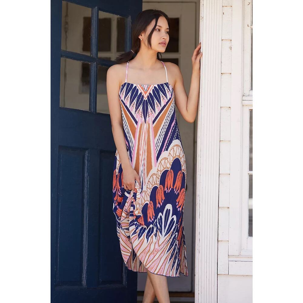 Summer Sale ☀️ Anthro Deva Plisse Midi Dress Pleated Geometric Slip Size XS